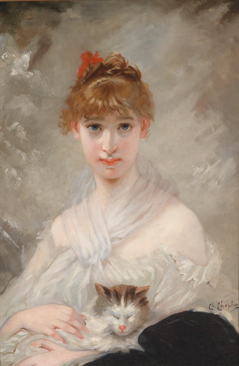 Pige med et hvidt tørklæde og en kat i armene af Charles Joshua Chaplin
