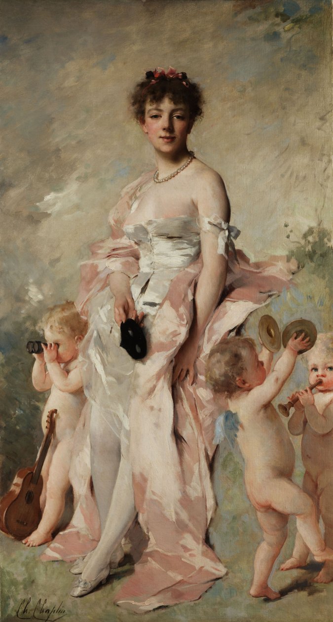 Ung kvinde i boldkjole med putti af Charles Joshua Chaplin