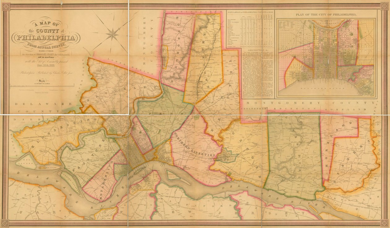 Kort over amtet Philadelphia fra Faktisk Survey, 1843 (håndfarvet gravering) af Charles Jr. Ellet