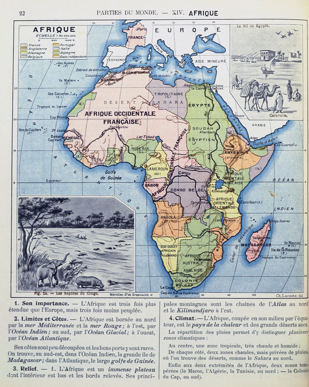 Kort over kolonitidens Afrika, fra en skolebog, udgivet i 1911 af Charles Lacoste