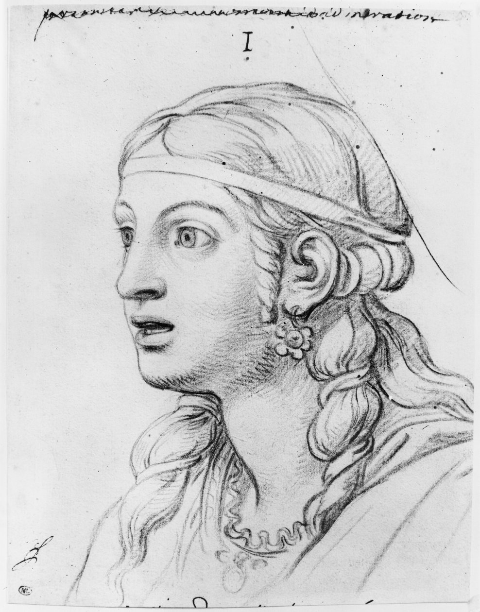 Beundring med forundring (pierre noire på hvidgulnet papir) af Charles Le Brun
