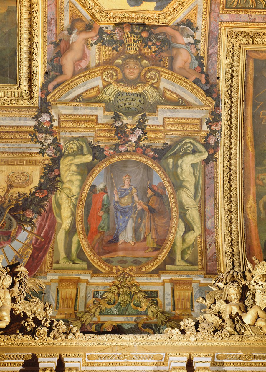Ambassadører, der ankommer fra alle jordens hjørner, loftmaleri fra Galerie des Glaces af Charles Le Brun