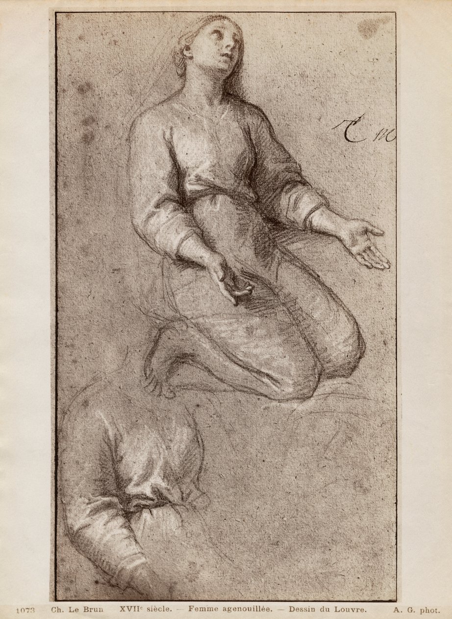 Knælende kvinde, ca. 1685 (pierre noire og hvide kridtfremhævninger på beige papir) af Charles Le Brun