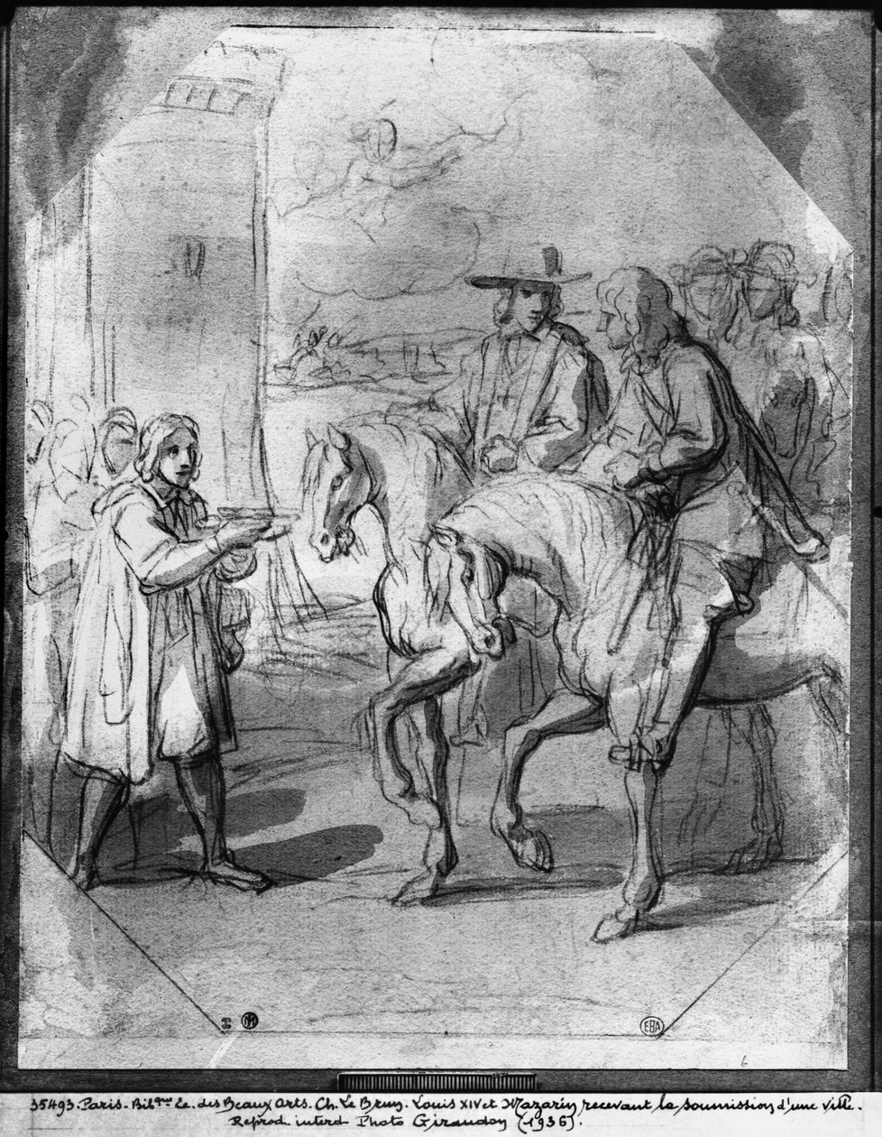 Ludvig XIV modtager indsendelse af en by (pen und blæk og indisk blækvaskepapir) af Charles Le Brun