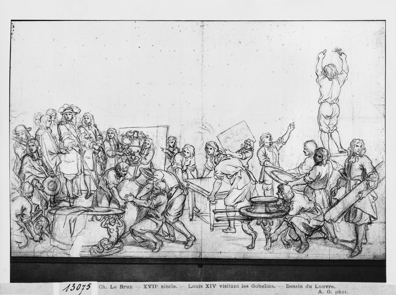 Louis XIV besøger Gobelins fabrikken (pierre noire på papir) af Charles Le Brun