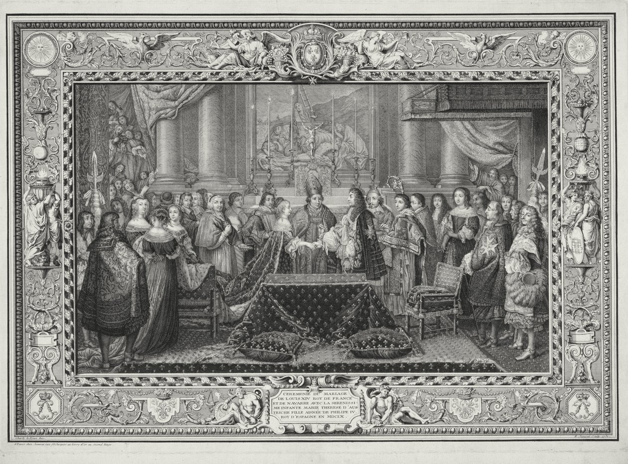 Vielsesceremoni af Ludvig XIV (1638-1715) konge af Frankrig og Navarra, og infantaen, Maria Theresia af Østrig (1638-83), datter af Filip IV, konge af Spanien i 1660, indgraveret af B. Jeaurat, 1731 (l af Charles Le Brun