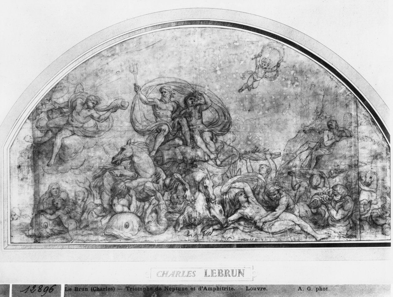 Neptun og Amphitrite eller Reawakening of Waters, ca. 1663 (pen og brun blæk und pierre noire og rød kridt og grå vask på beige papir) af Charles Le Brun