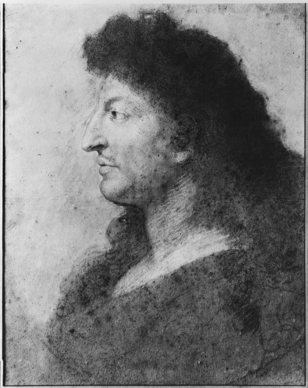 Portræt af Louis XIV i profil, med bar hals og langt hår, ca. 1678 (pastel og pierre noire på gråt beige papir) (se også 177108) af Charles Le Brun