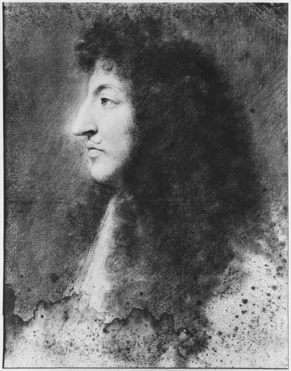 Portræt af Louis XIV, ung, i profil til venstre, ca. 1669-70 (pastel på gråt beige papir) af Charles Le Brun