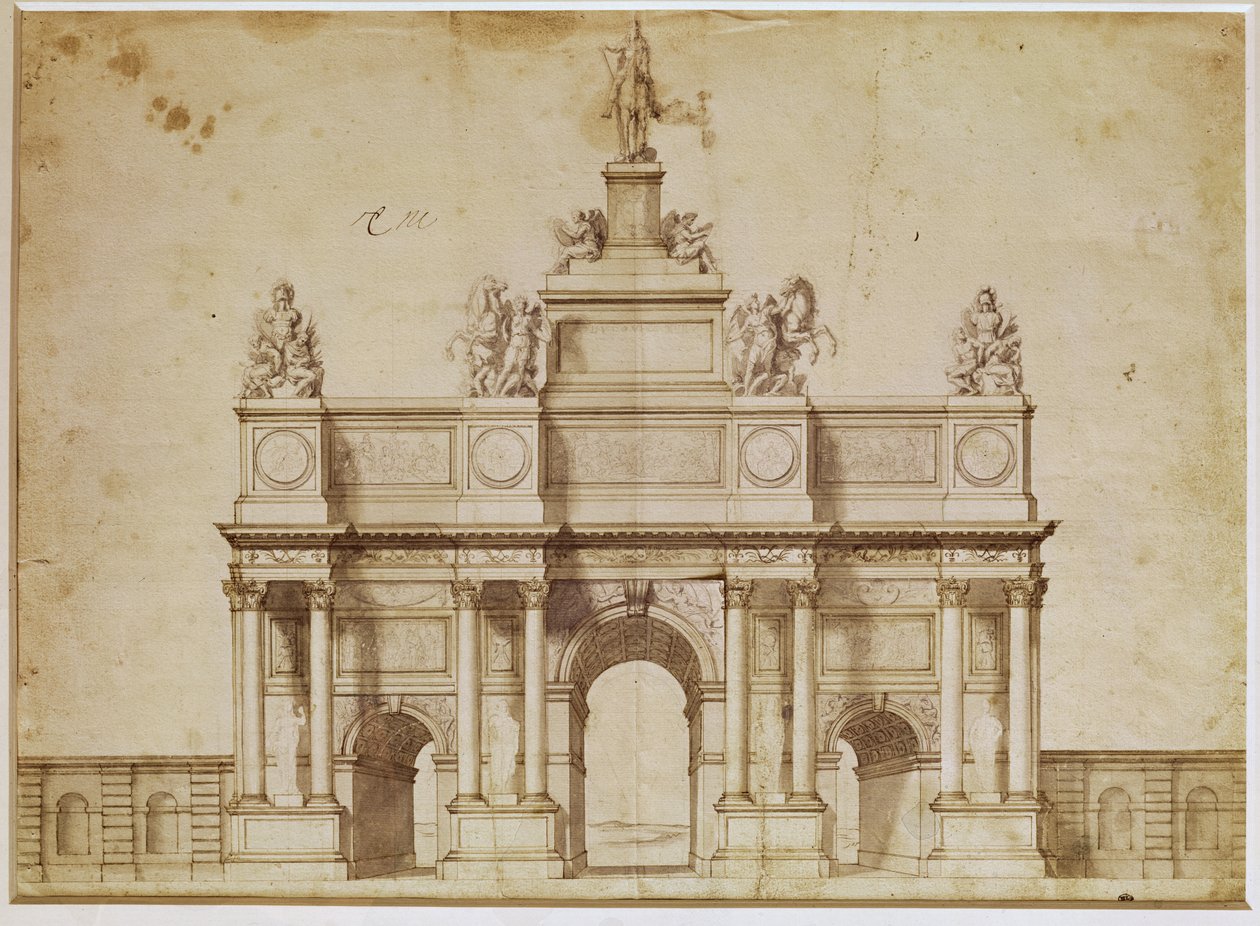 Forslag til Triumfbuen, rue Saint-Antoine, Paris, ca. 1668 (pen og brun blæk på papir) af Charles Le Brun