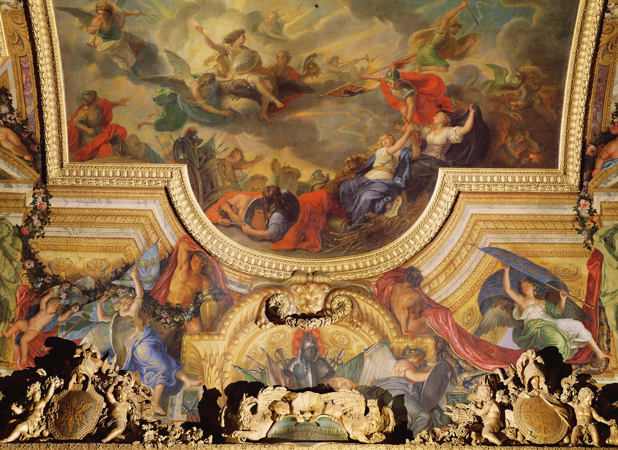 Fangen af byen og citadellet i Gent på seks dage i 1678, loftmaleri fra Galerie des Glaces af Charles Le Brun