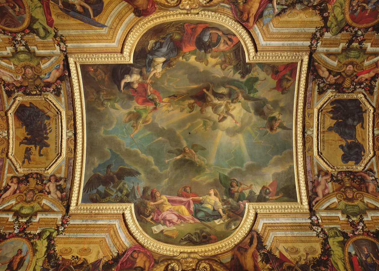 Erobringen af byen og citadellet i Gent på seks dage i 1678 og strategien for den spanske ruineret ved indtagelsen af Gent, loftmaleri fra Galerie des Glaces (se 165391 og 165392) af Charles Le Brun