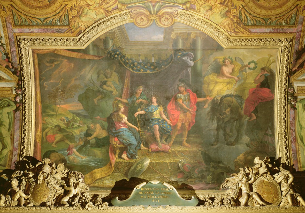 Beslutningen om at føre krig mod hollænderne i 1671, loftmaleri fra Galerie des Glaces af Charles Le Brun