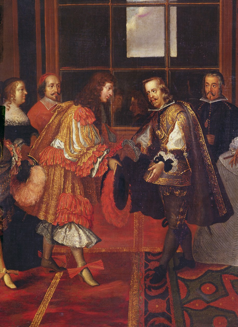 Mødet mellem Ludvig XIV og Philippe IV på Ile des Faisans 7. juni 1660 detalje af Ludvig XIV 1638-1715, konge af Frankrig og Navarra, og hans onkel Philippe IV 1605-1665, konge af Spanien, i baggrunden af Charles Le Brun