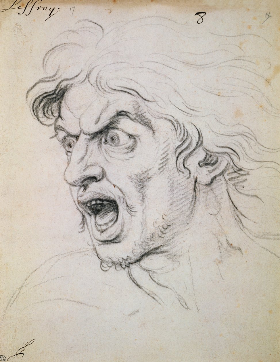 Hoved af en mand, der skriger af skræk og rædsel, et studie til figuren af Darius i "Slaget ved Arbela" (kul på papir) (se også 90061) af Charles Le Brun