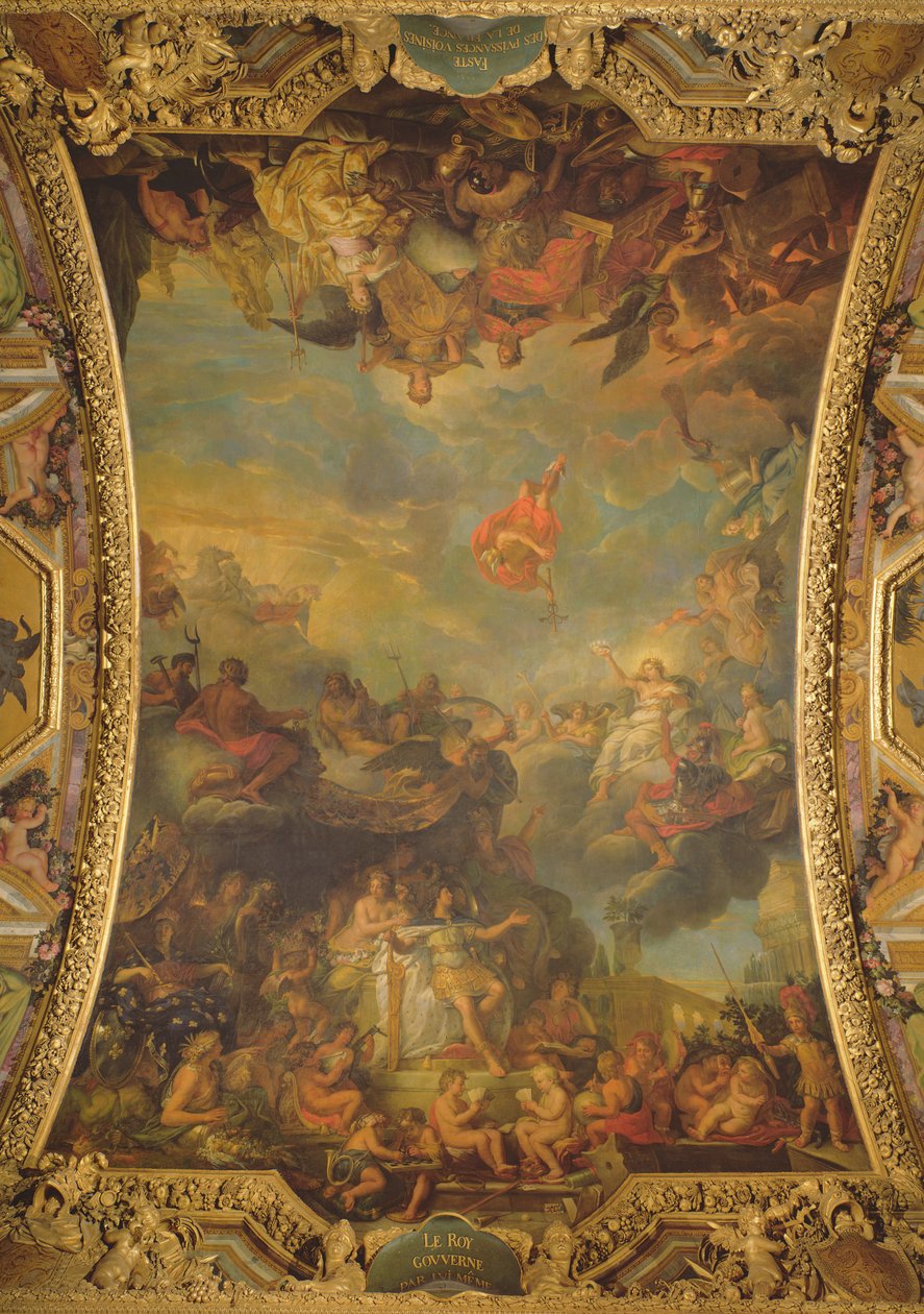 Billede af kong Ludvig XIV (1638-1715), der regerer alene i 1661, og Frankrigs velstående nabomagter, loftsmaleri fra Galerie des Glaces af Charles Le Brun