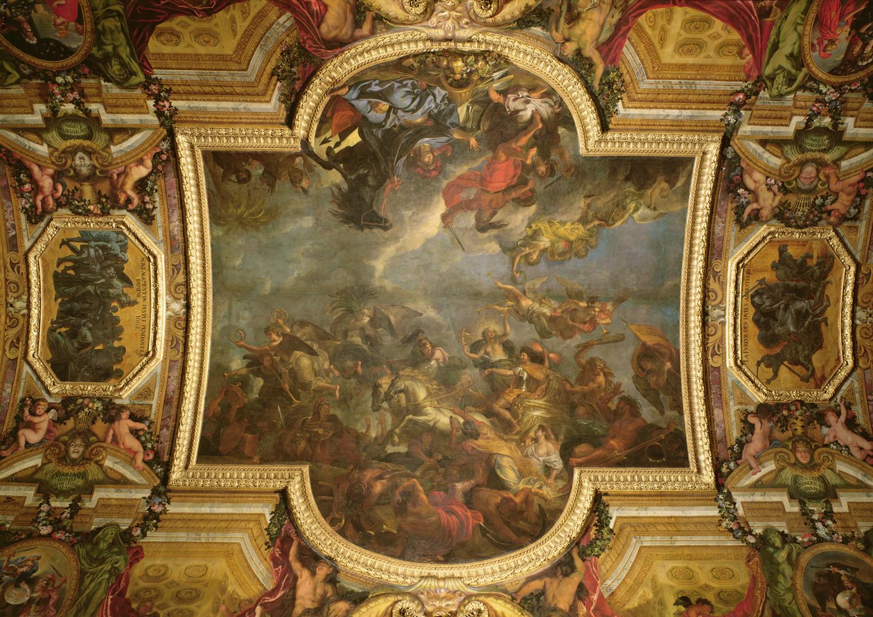 Udsigt over kongen, der tager Maastricht i tretten dage i 1673 og passagen på Rhinen i fjendernes nærvær i 1672, loftmaleri fra Galerie des Glaces, 1678-86 (se også 379737) af Charles Le Brun