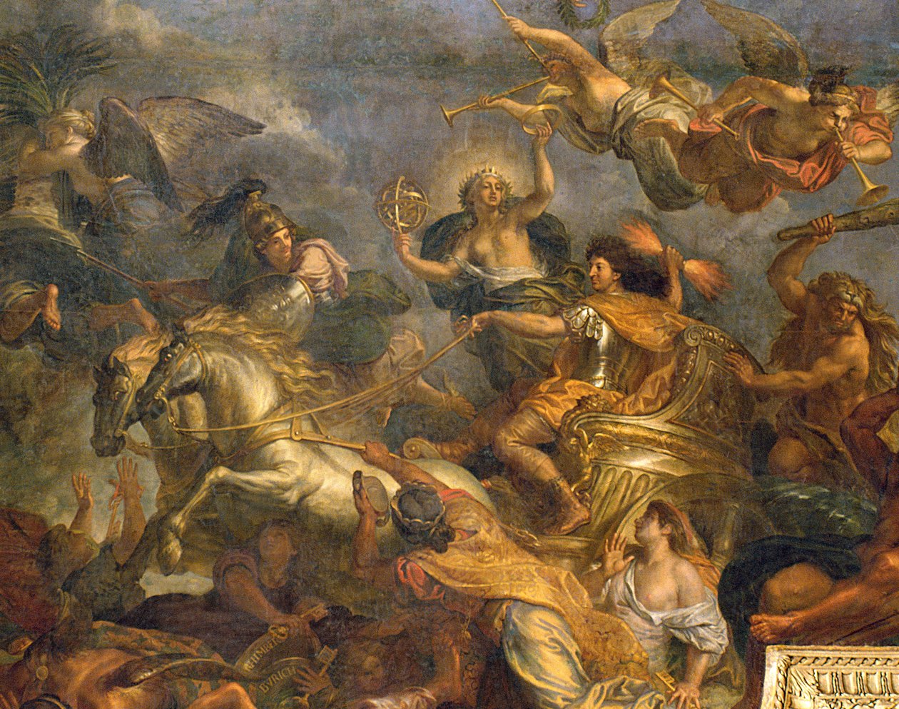 Udsigt over kongen, der tager Maastricht i tretten dage i 1673 og passagen på Rhinen i fjendernes nærvær i 1672, loftmaleri fra Galerie des Glaces, 1678-86 detalje fra 208101 af Charles Le Brun