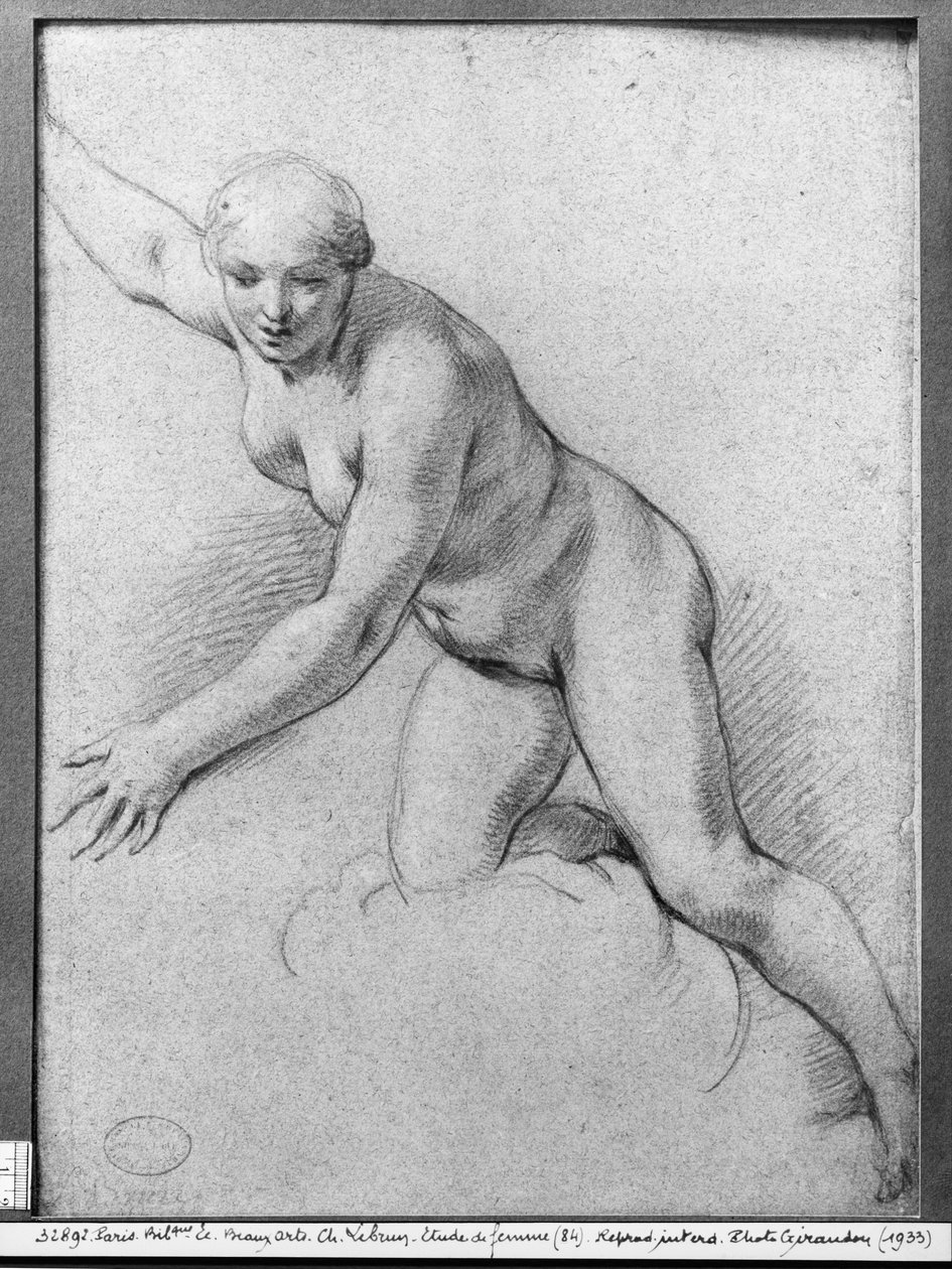 Kvinde knælende på en sky (pierre noire på gråt papir) af Charles Le Brun