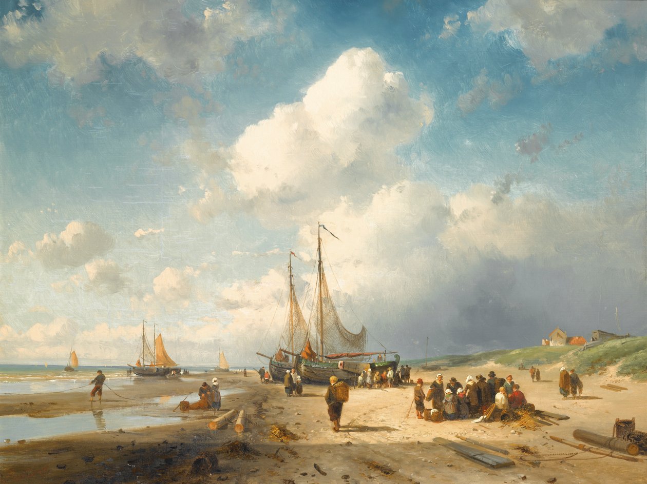 Kystscene med fiskerfolk af Charles Henri Joseph Leickert
