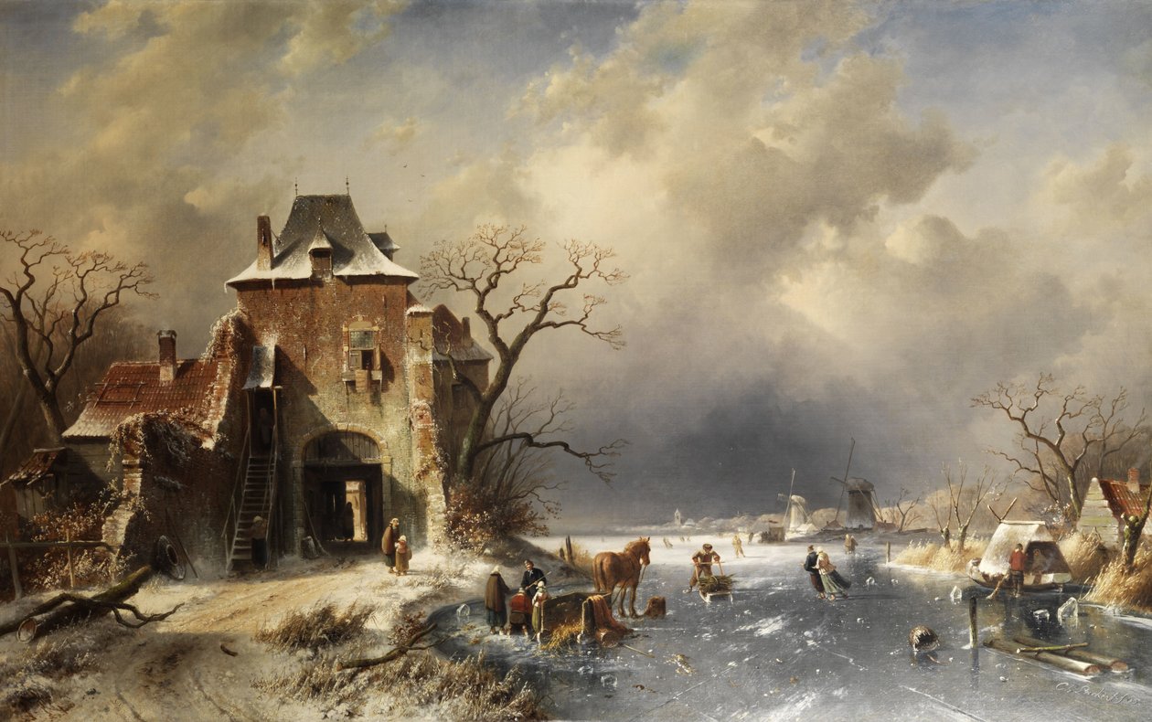 Hollandsk vinterlandskab af Charles Henri Joseph Leickert