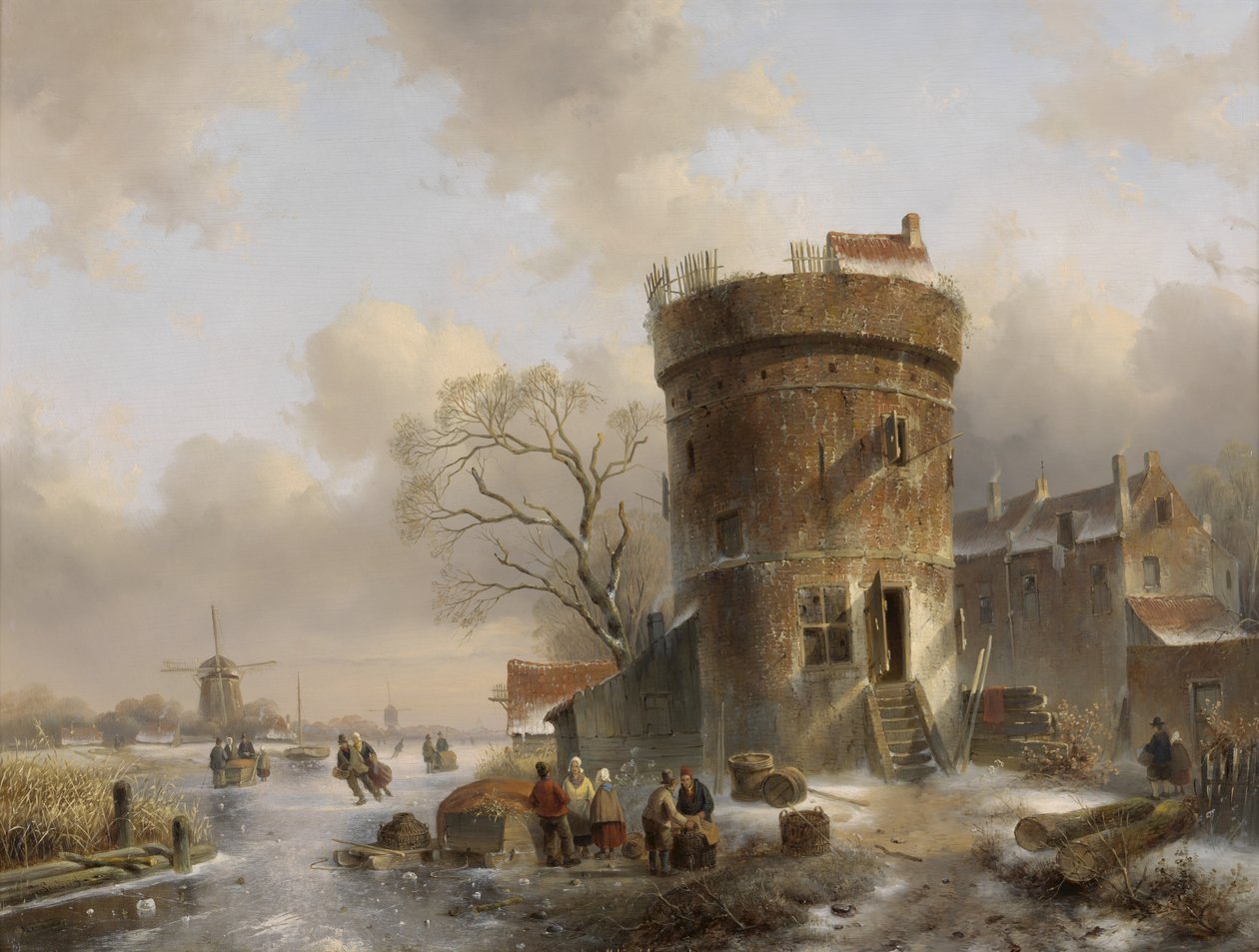 Vinterlandskab med figurer på en frossen flod nær et tårn af Charles Henri Joseph Leickert