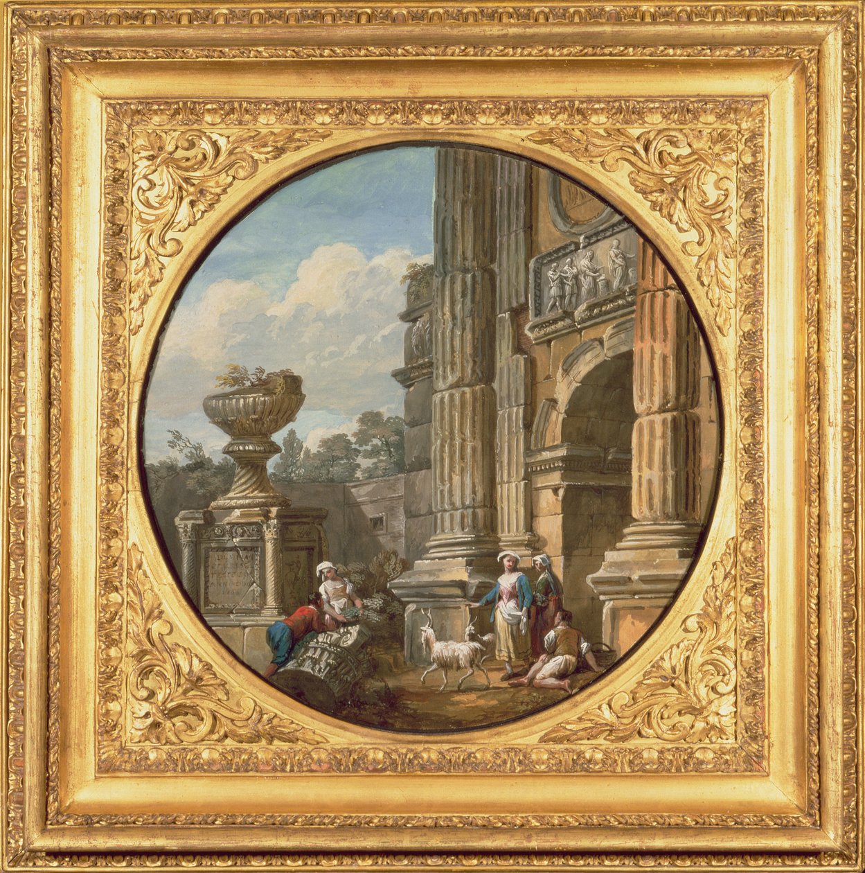 Arkitektonisk emne: Bue, grav, figurer og geder, 1760