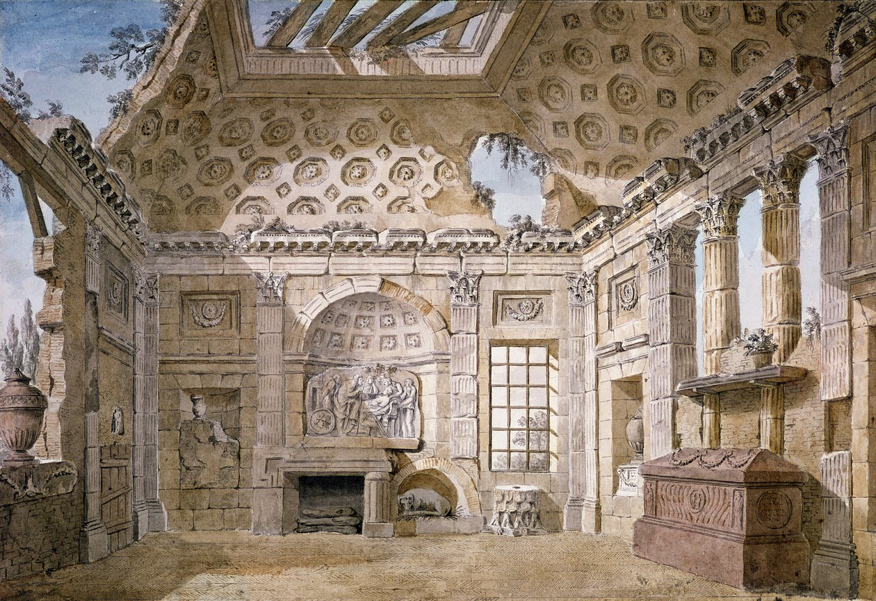 Nr.3607 Design til ruinrummet i klosteret (nu kloster) St. Trinita del Monte, Rom, ca. 1766 (kridt, pen og wc) af Charles Louis Clerisseau