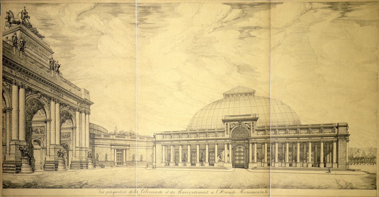 Triumfbuen og en af de halvcirkelformede søjlefløje i Palais du Cinquantenaire, Bruxelles, 1906 af Charles Louis Girault