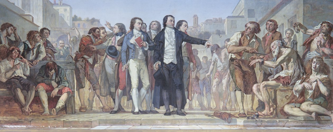 Philippe Pinel (1745-1826) løslod galninge fra deres lænker på Bicetre-asylet i Paris i 1793, ca. 1840-50 (se 163911 for detaljer) af Charles Louis Lucien Muller