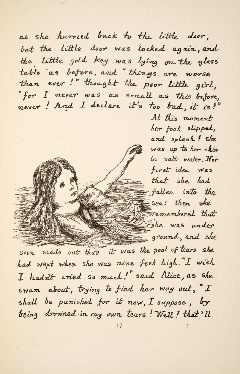 Alice falder i tårepølen, illustration fra Alices eventyr under jorden, pub. 1886 (faksimile) af Charles Lutwidge Dodgson