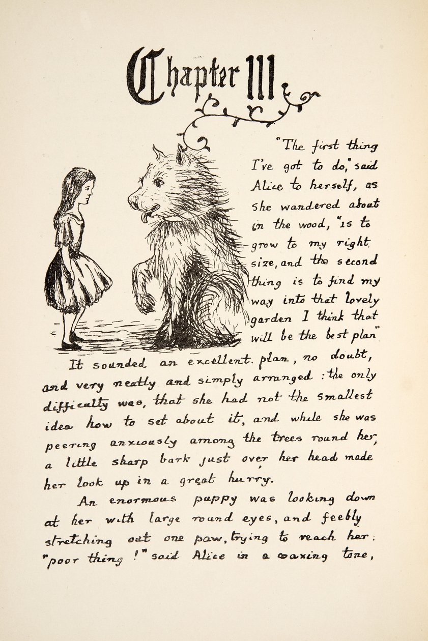 Alice meets the Puppy, illustration fra Alices Adventures Under Ground, pub. 1886 (faksimile) af Charles Lutwidge Dodgson