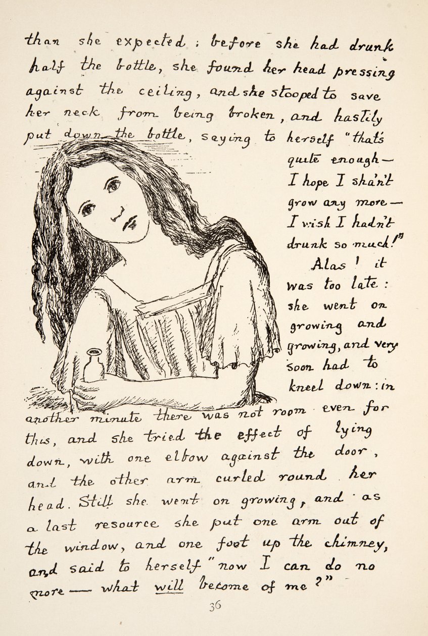 Alice begynder at vokse efter at have drukket af den lille flaske, illustration fra Alice