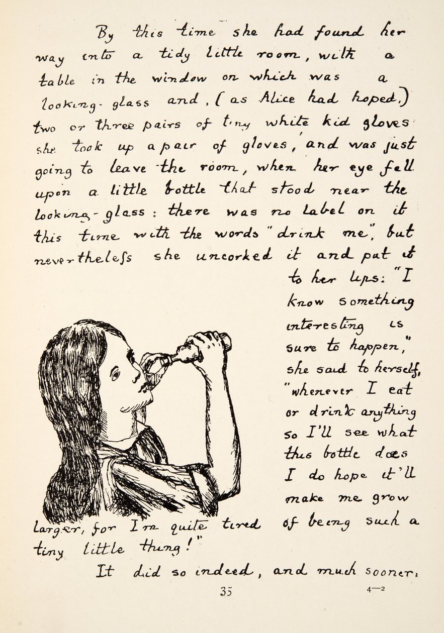 Alice løsner proppen på den lille flaske, illustration fra Alices Adventures Under Ground, pub. 1886 (faksimile) af Charles Lutwidge Dodgson