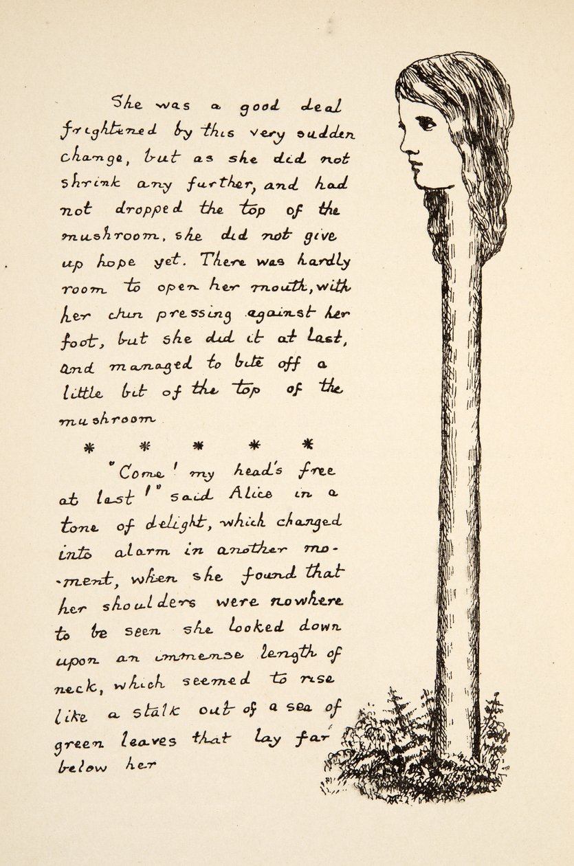 Alices nakke strækker sig efter at have spist mere svamp, illustration fra Alice