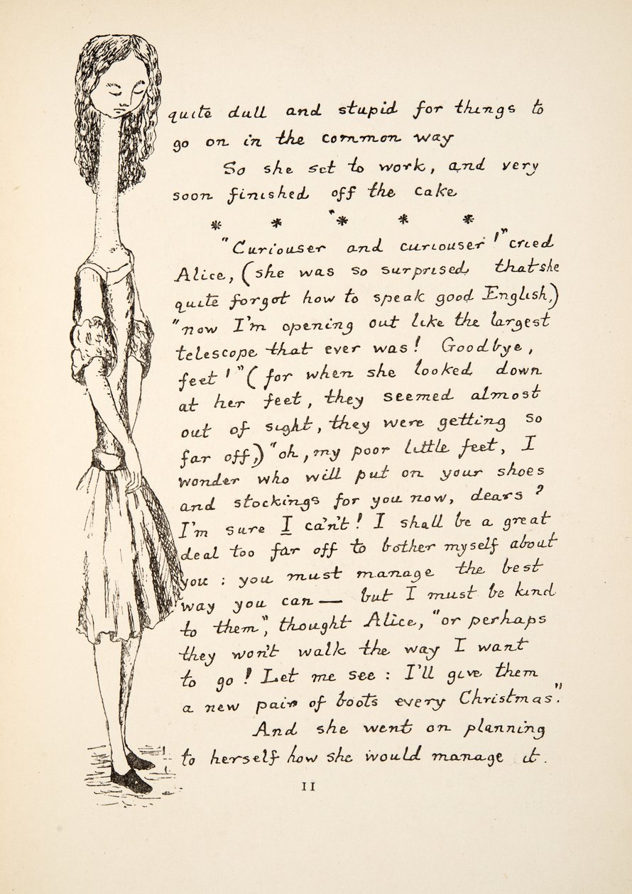 Curiouser and Curiouser, illustration fra Alices Adventures Under Ground, udg. 1886 (faksimile) af Charles Lutwidge Dodgson
