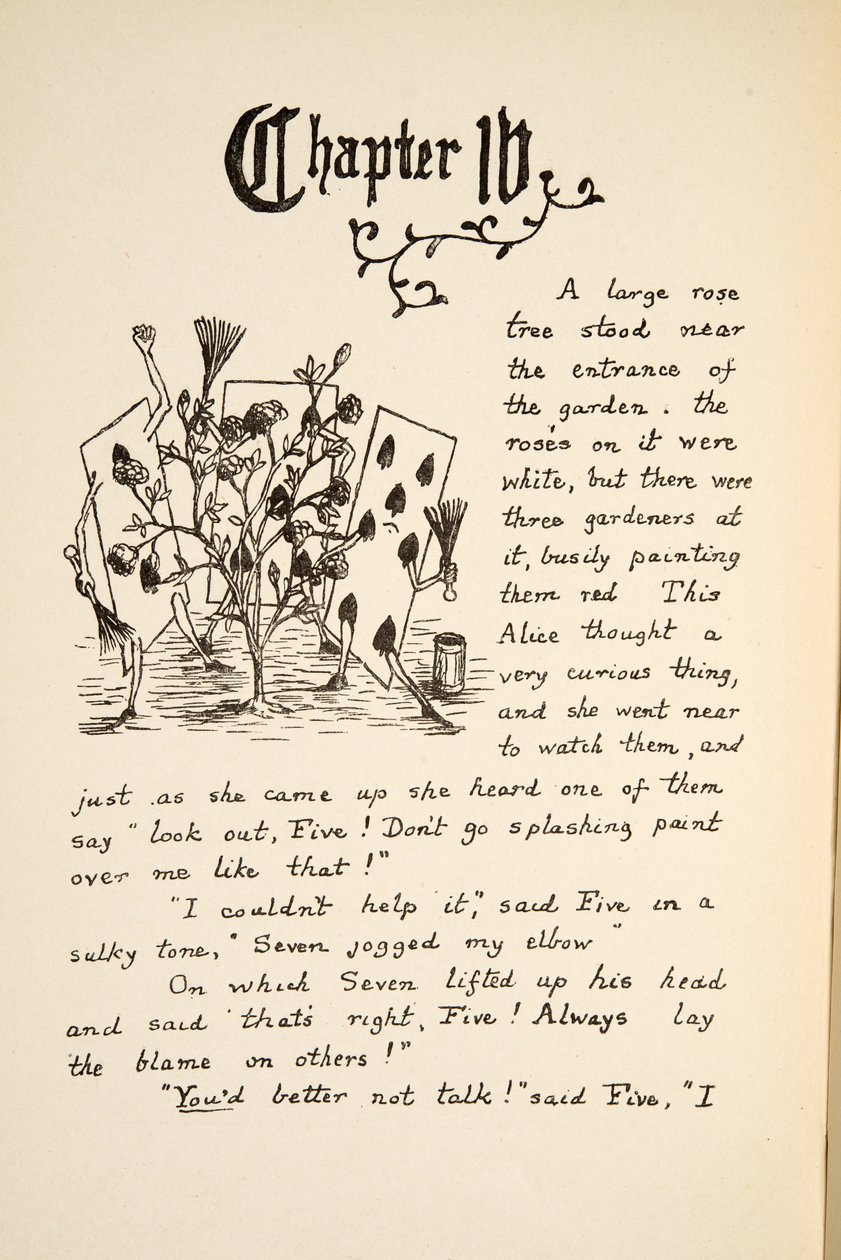 Spillekort, der maler den hvide rose rød, illustration fra Alices eventyr under jorden, pub. 1886 (faksimile) af Charles Lutwidge Dodgson