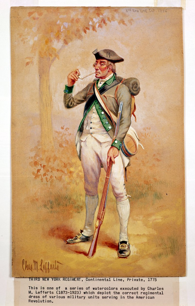 Uniform af en menig i den kontinentale linje i 3. New York-regiment i 1775, ca. 1920 af Charles MacKubin Lefferts