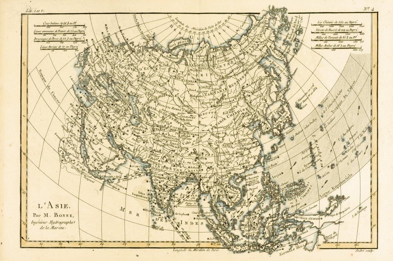 Asien, fra "Atlas de Toutes les Parties Connues du Globe Terrestre" af Guillaume Raynal (1713-96) udgivet i Genève i 1780 af Charles Marie Rigobert Bonne