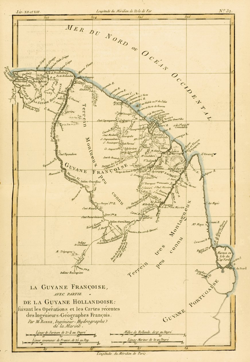 Fransk Guyana, med en del af hollandsk Guyana, fra "Atlas de Toutes les Parties Connues du Globe Terrestre" af Guillaume Raynal (1713-96), udgivet af J L Pellet, Genève, 1780 af Charles Marie Rigobert Bonne