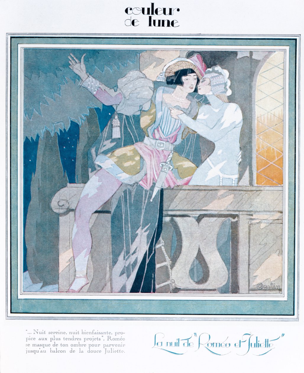 Romeo og Julie i balkonscenen, illustration fra magasinet "Femina", december 1929 af Charles Martin
