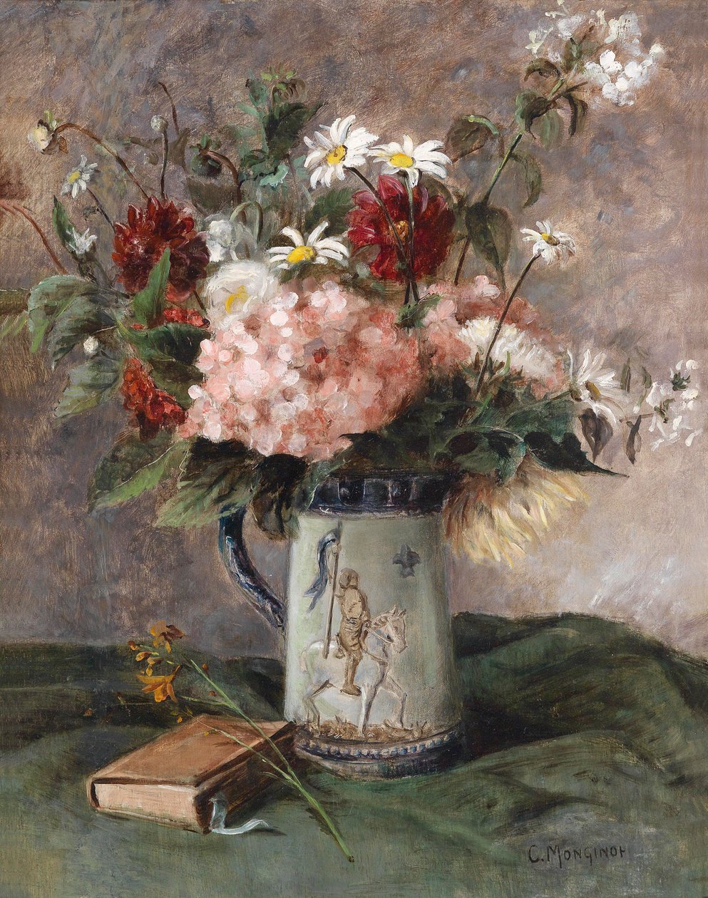 Blomsterstykke med bog af Charles Monginot