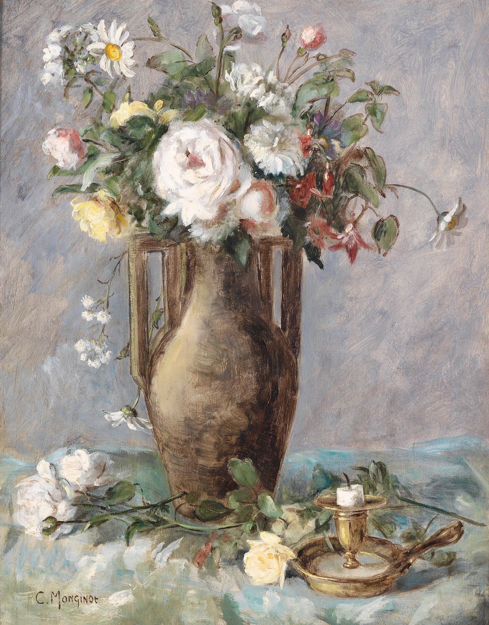 Blomsterstykke med lysestage af Charles Monginot