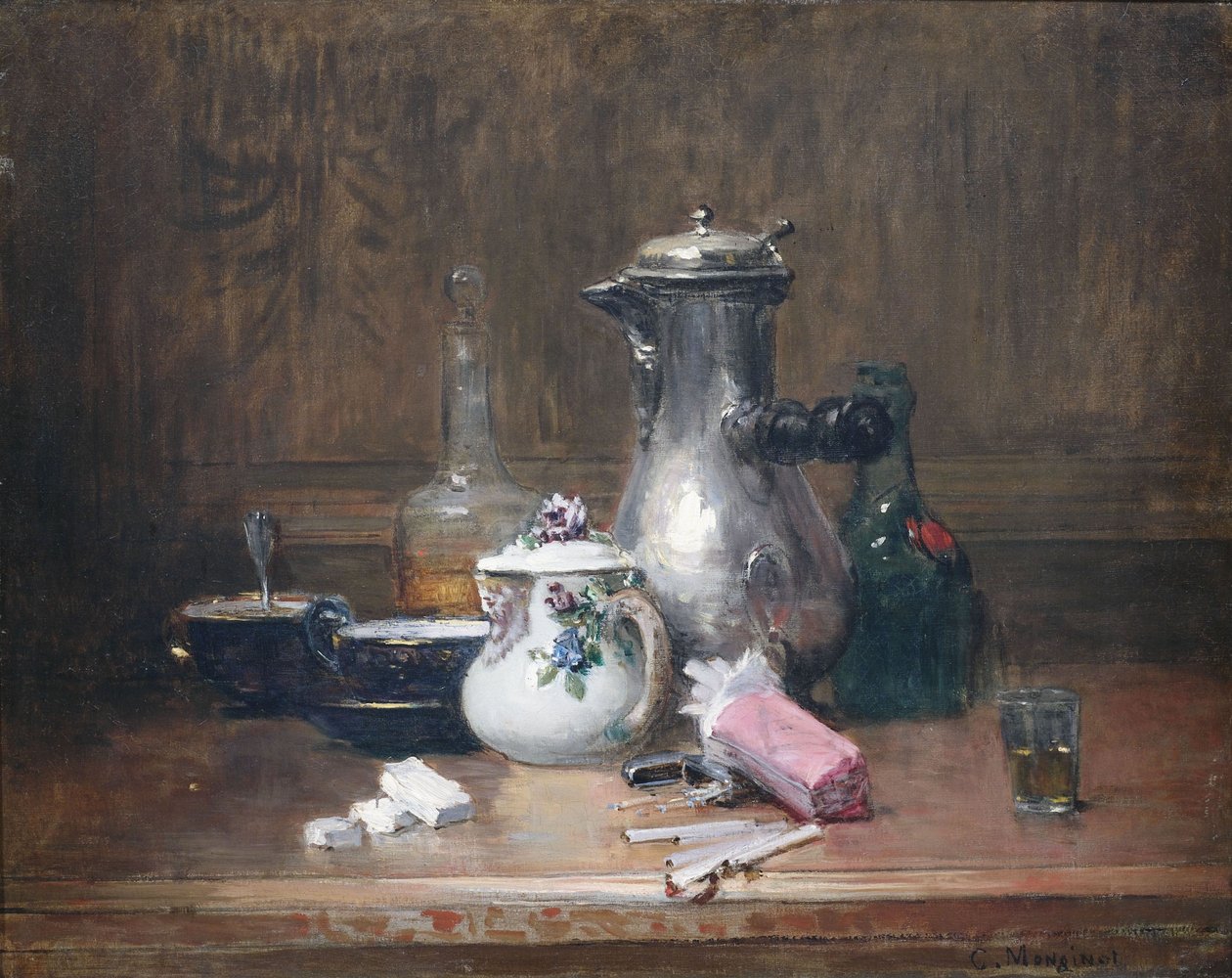 Morte du mor viv bon bon vivant. Stilleben med kaffegrej, cognacflasker og cigaretter af Charles Monginot