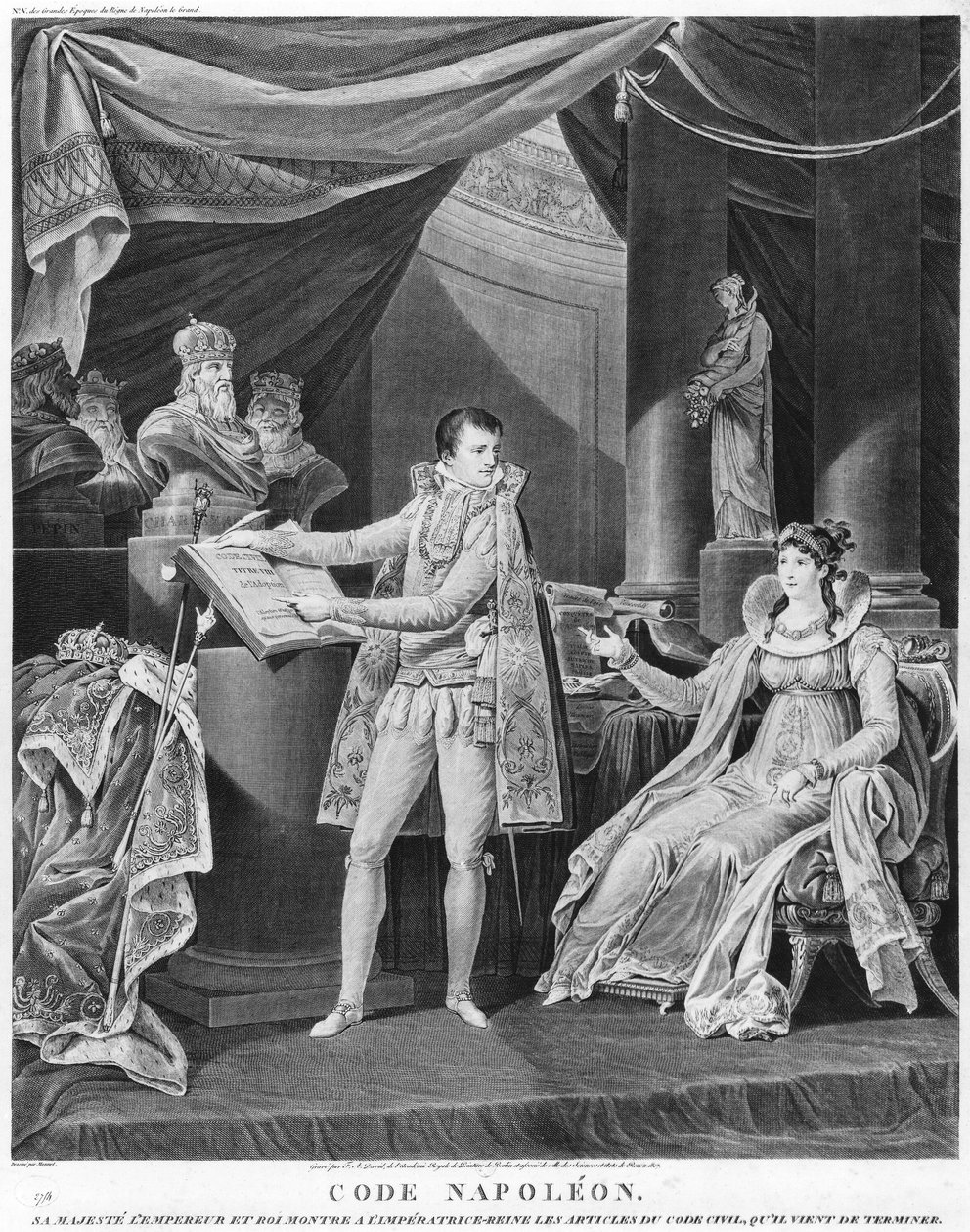 Hans Majestæt Kejseren og Kong Napoleon I (1769-1861) viser kejserinde-dronning Marie-Louise (1791-1847) artiklerne fra Code Civil, som han netop havde afsluttet, 1804 af Charles Monnet