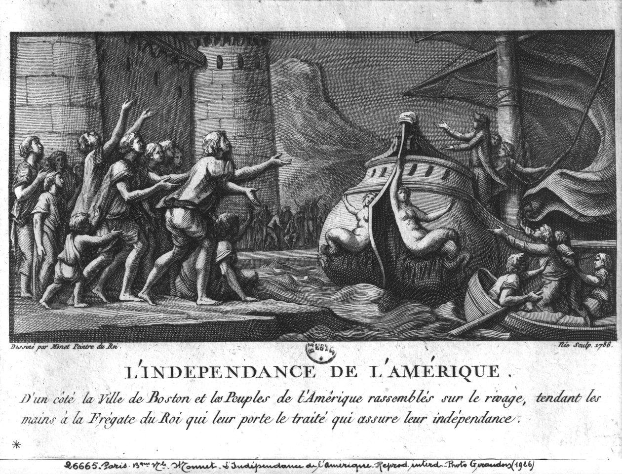 Den amerikanske uafhængighed, en fransk fregat, der bringer traktaten til Boston, indgraveret af Francois Denis Nee (1732-1817), 1786 af Charles Monnet