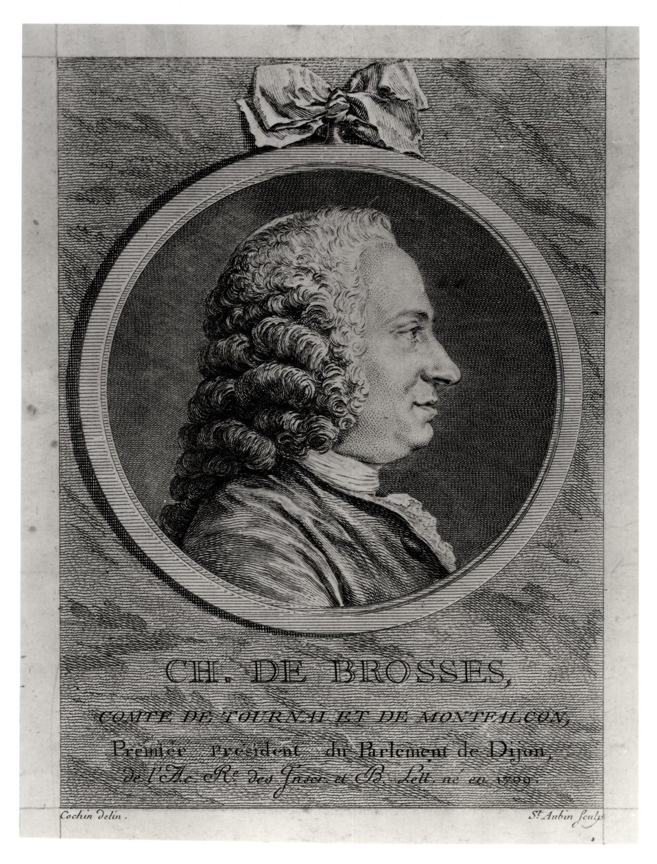 Charles de Brosses (1709-77), greve af Tournai og Montfaucon, graveret af Augustin de Saint-Aubin (1736-1807) af Charles Nicolas II Cochin
