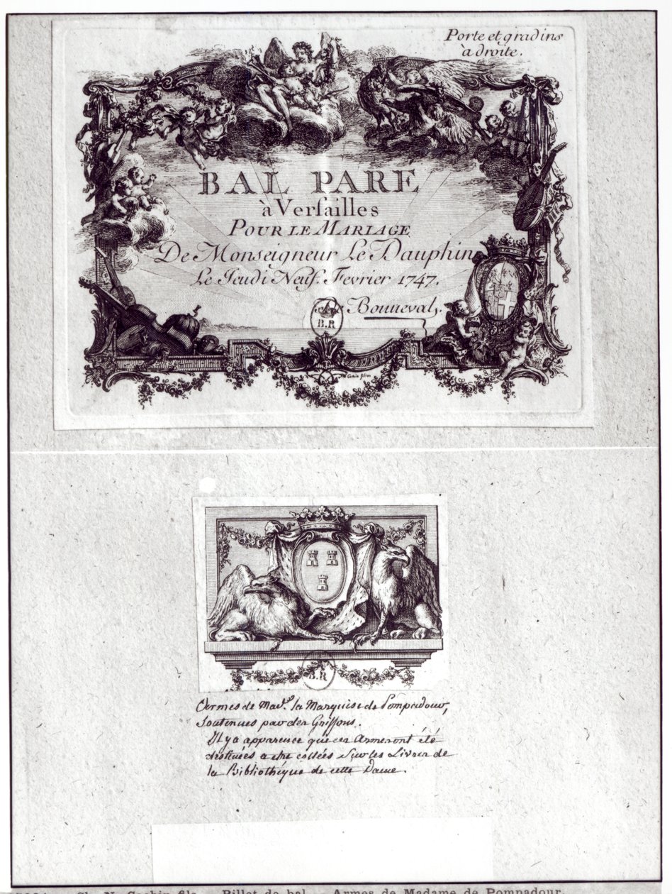 Adgangsbillet til bal i Versailles til Monseigneur le Dauphins bryllup, 9. februar 1747 og Ex Libris med Madame de Pompadours våben (1721-64) af Charles Nicolas II Cochin
