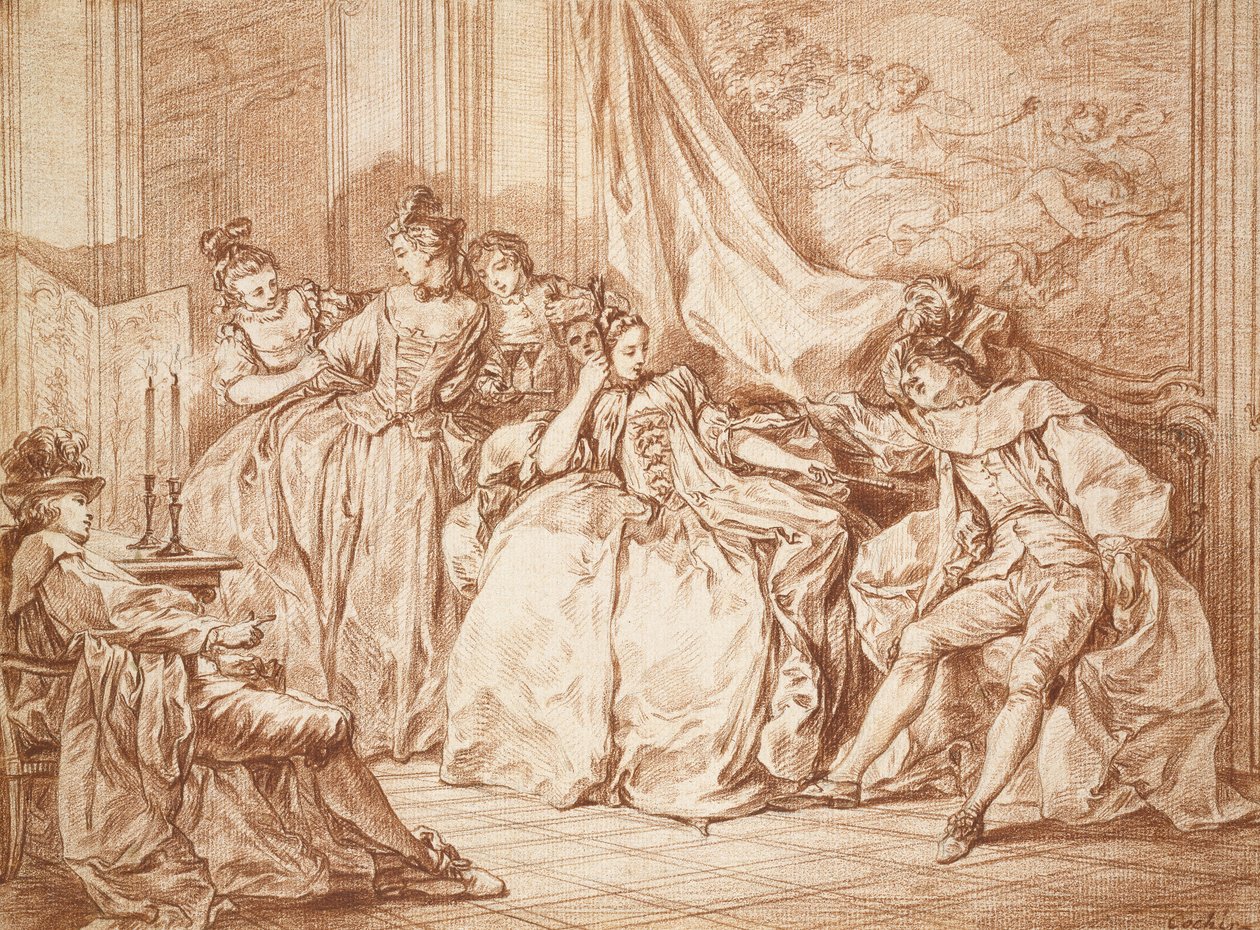 Party of Revelers (grafit med rødt kridt på råhvidt papir, kantet med sort blæk) af Charles Nicolas II Cochin