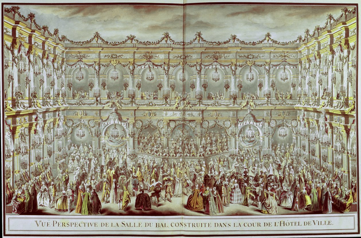 Perspektiv udsigt over balsalen bygget i gården til Hotel de Ville i Paris i anledning af Dauphins første ægteskab med Marie-Therese (1638-83) Infanta af Spanien af Charles Nicolas II Cochin